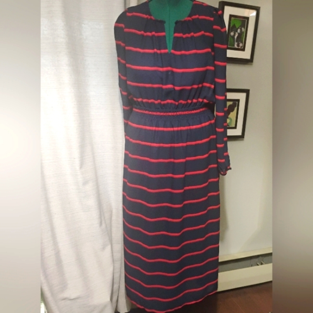 FRNCH Navy and Red Painterly Striped Maxi Dress, Sz L